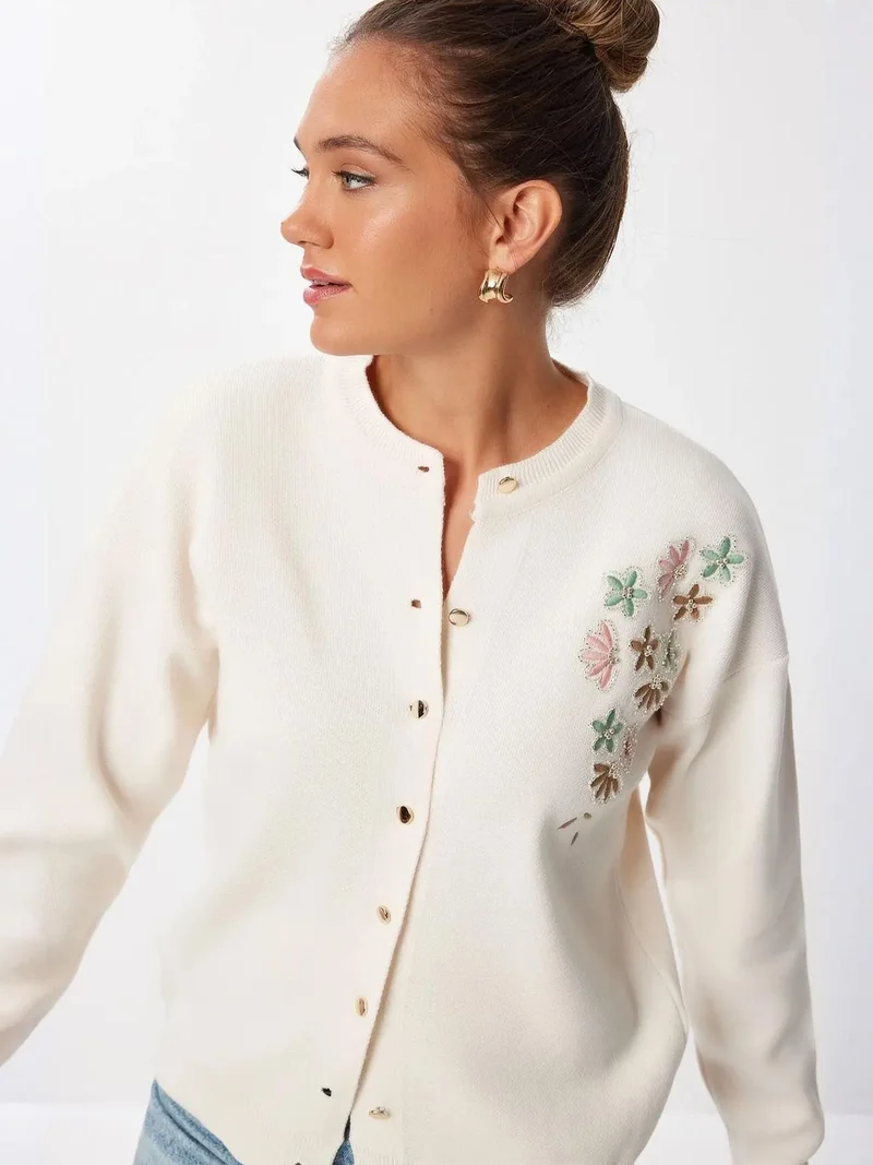 Happiness İstanbul ISTANBUL Embroidered Crew Neck Long Sleeve Cardigan